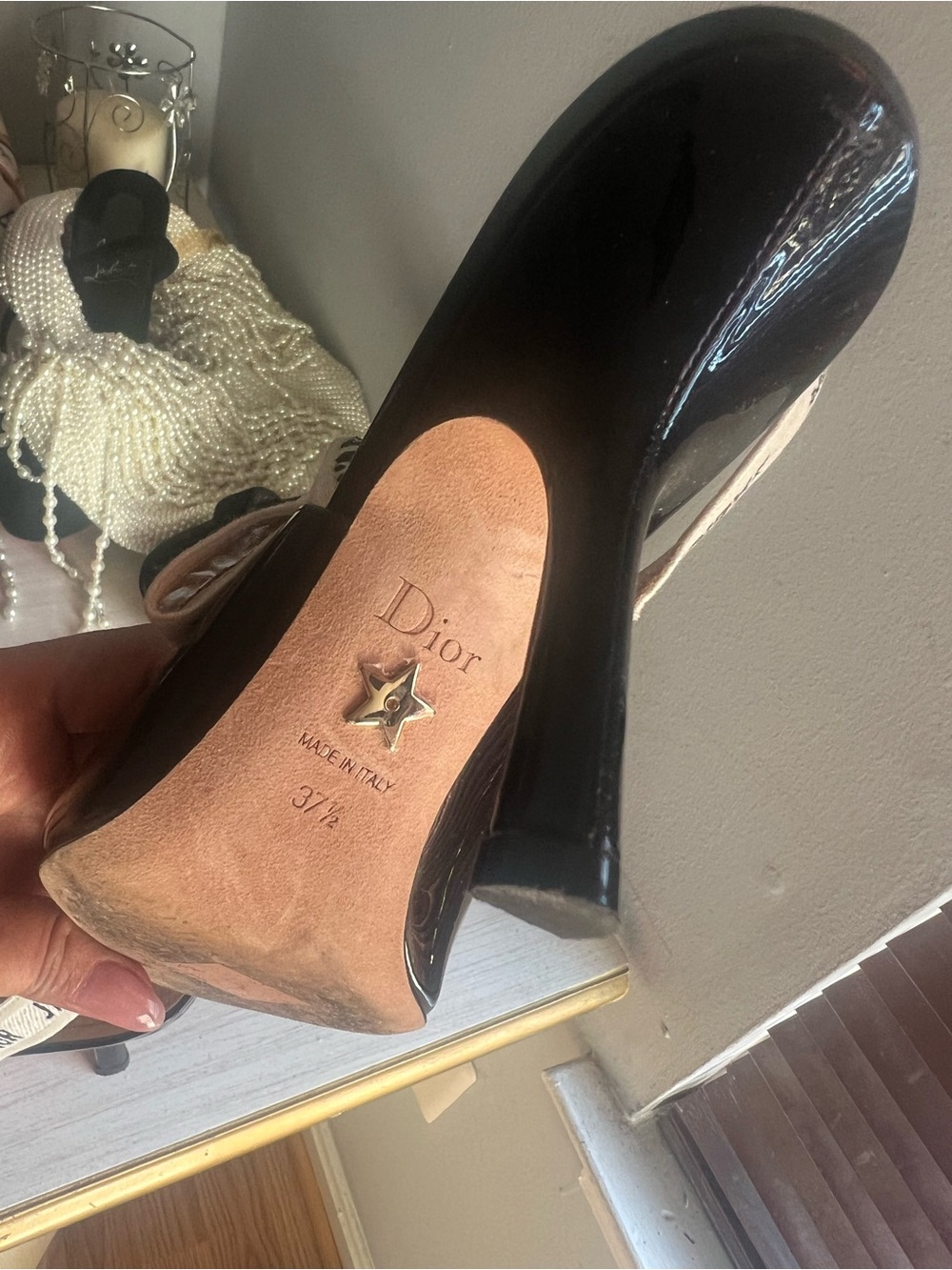 Dior Black Patent Leather Slingback Pumps with White J'Adior Straps - Picture 2 of 2